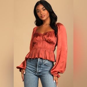 Lulus - Sophisticate Rust Brown Satin Ruched Long Sleeve Top - Size XL